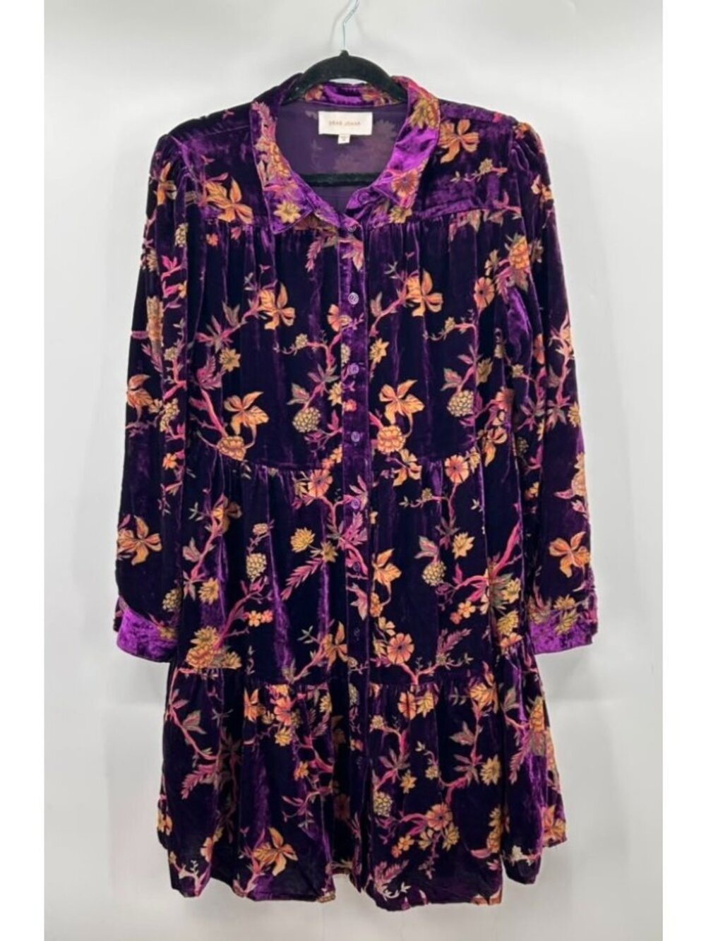 Dear John Dress Women's Medium Purple Floral Velvet Bohemian Mini Button Front - Picture 8 of 11